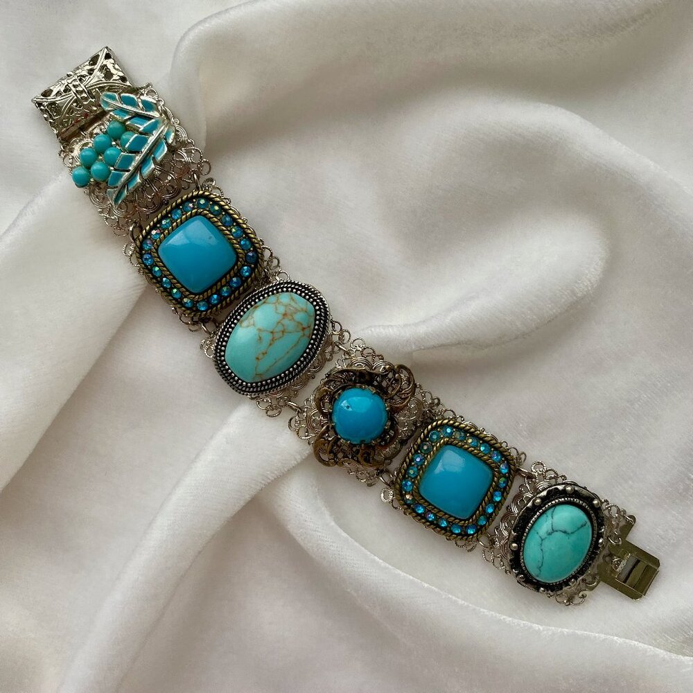 Bracelet from Vintage Blue Rhinestone and Faux Turquoise Costume Earrings